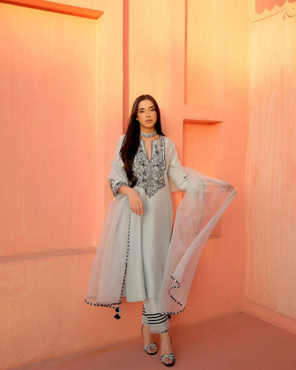 Party Wear Grey Color Georgette Foil Work Salwar Suit Set