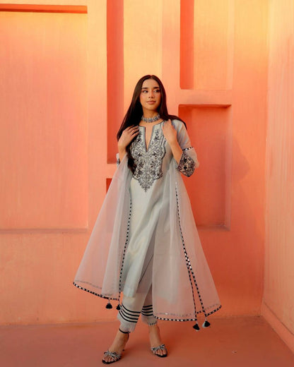 Party Wear Grey Color Georgette Foil Work Salwar Suit Set