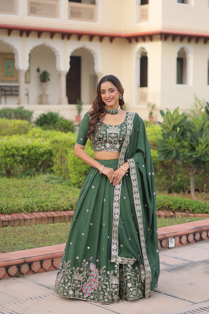 Designer Green Color Embroidered Sequence Lehenga Choli Set