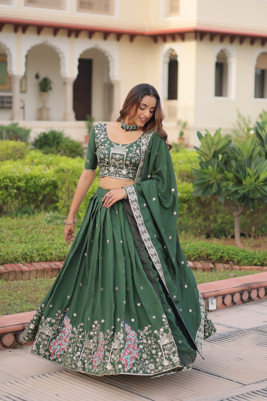 Designer Green Color Embroidered Sequence Lehenga Choli Set