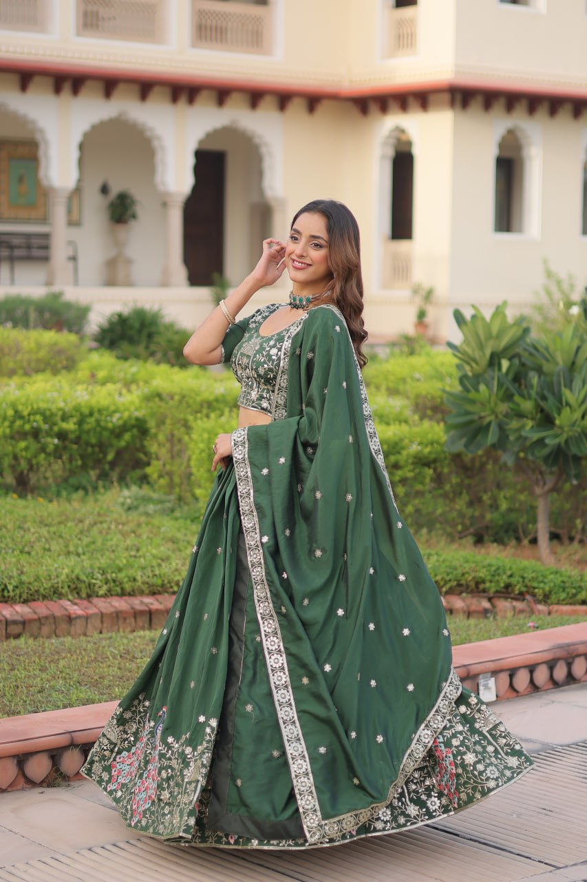 Designer Green Color Embroidered Sequence Lehenga Choli Set