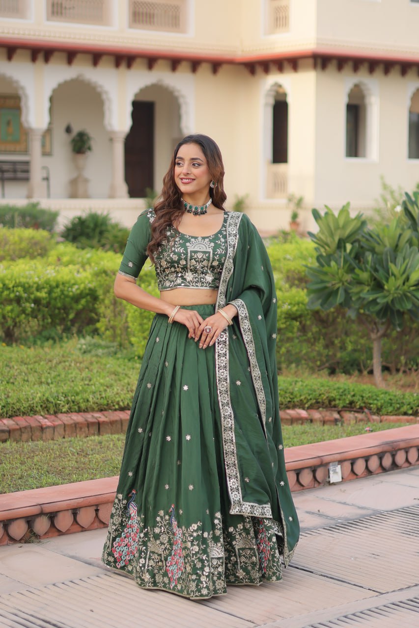 Designer Green Color Embroidered Sequence Lehenga Choli Set
