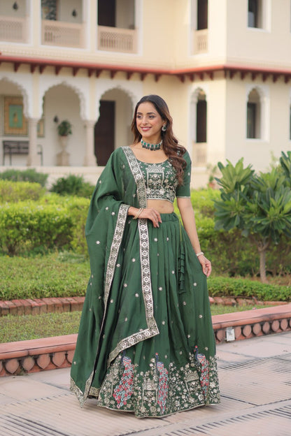 Designer Green Color Embroidered Sequence Lehenga Choli Set