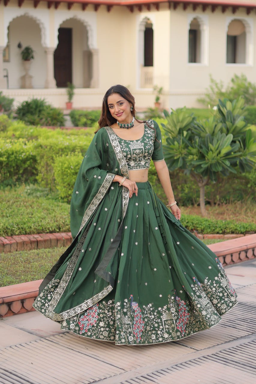 Designer Green Color Embroidered Sequence Lehenga Choli Set