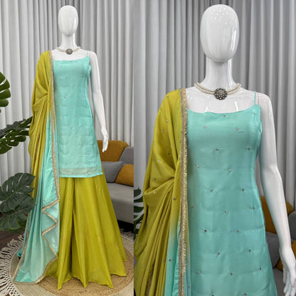 Elegant Chinon Silk Embroidery Work Plazzo Set