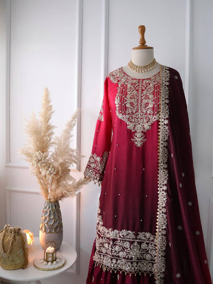 Wedding Wear Red And Wine Color Pure Chinon Silk With Heavy Embroidery Coding Dori Sequence Work Palazzo Sharara Suit