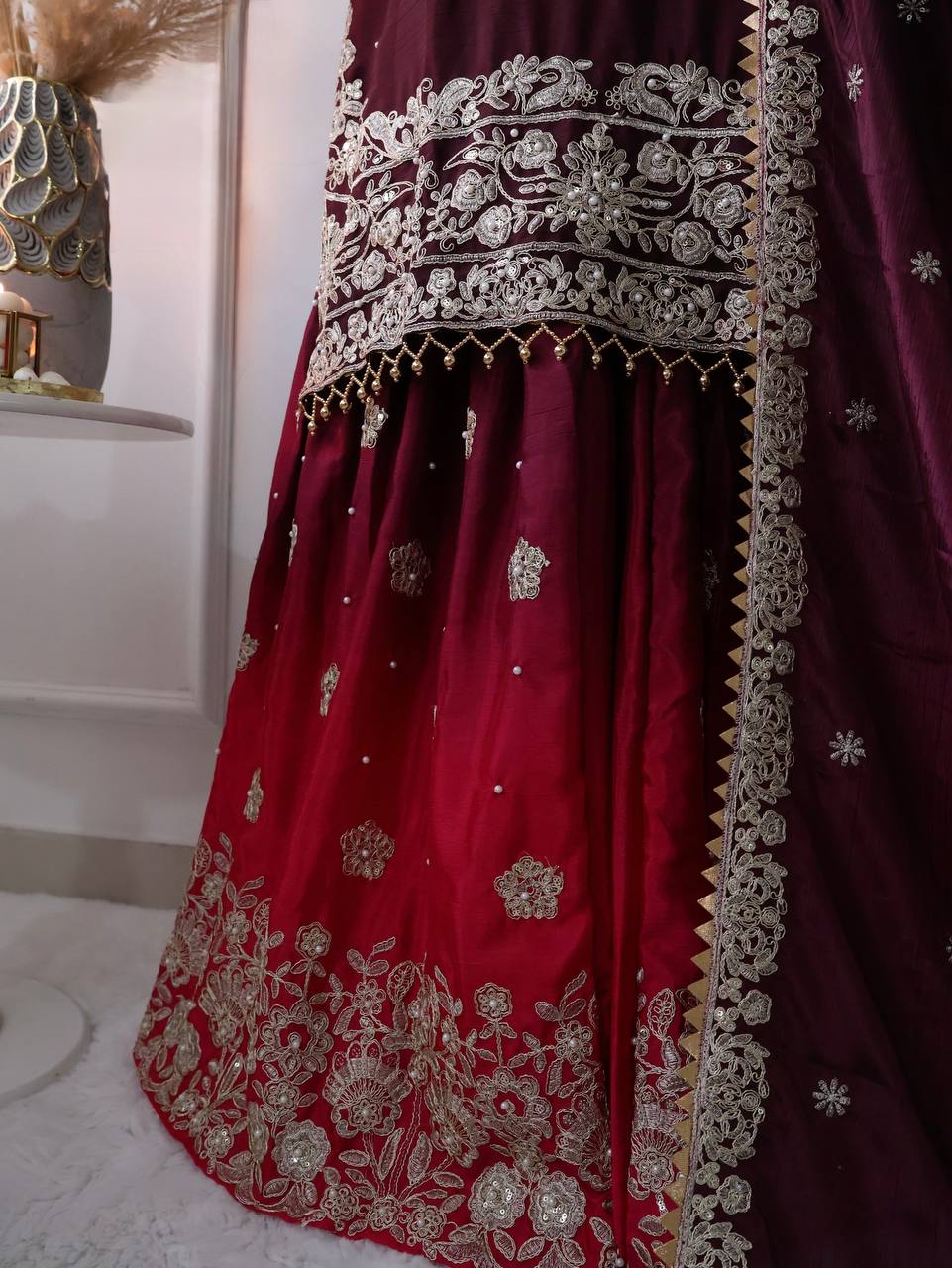 Wedding Wear Red And Wine Color Pure Chinon Silk With Heavy Embroidery Coding Dori Sequence Work Palazzo Sharara Suit