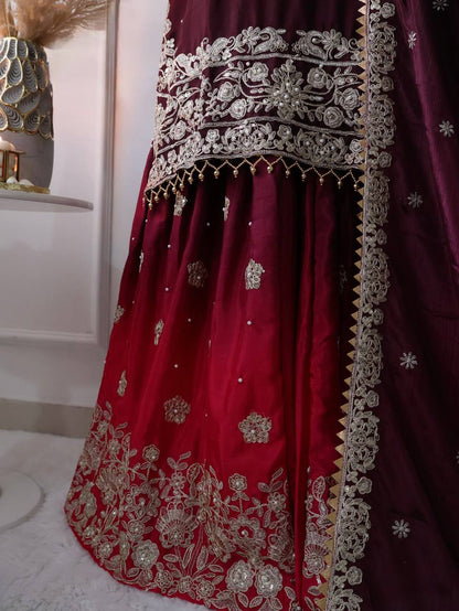 Wedding Wear Red And Wine Color Pure Chinon Silk With Heavy Embroidery Coding Dori Sequence Work Palazzo Sharara Suit