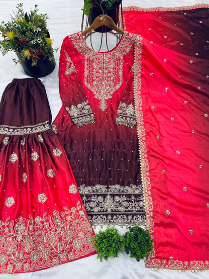 Wedding Wear Red And Wine Color Pure Chinon Silk With Heavy Embroidery Coding Dori Sequence Work Palazzo Sharara Suit