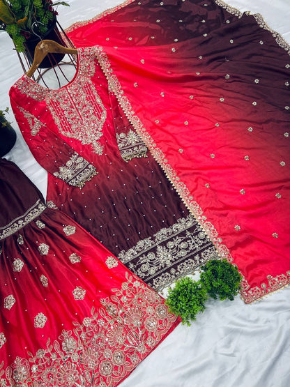 Wedding Wear Red And Wine Color Pure Chinon Silk With Heavy Embroidery Coding Dori Sequence Work Palazzo Sharara Suit