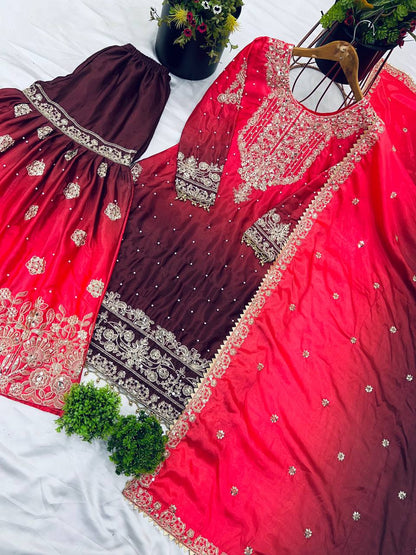 Wedding Wear Red And Wine Color Pure Chinon Silk With Heavy Embroidery Coding Dori Sequence Work Palazzo Sharara Suit