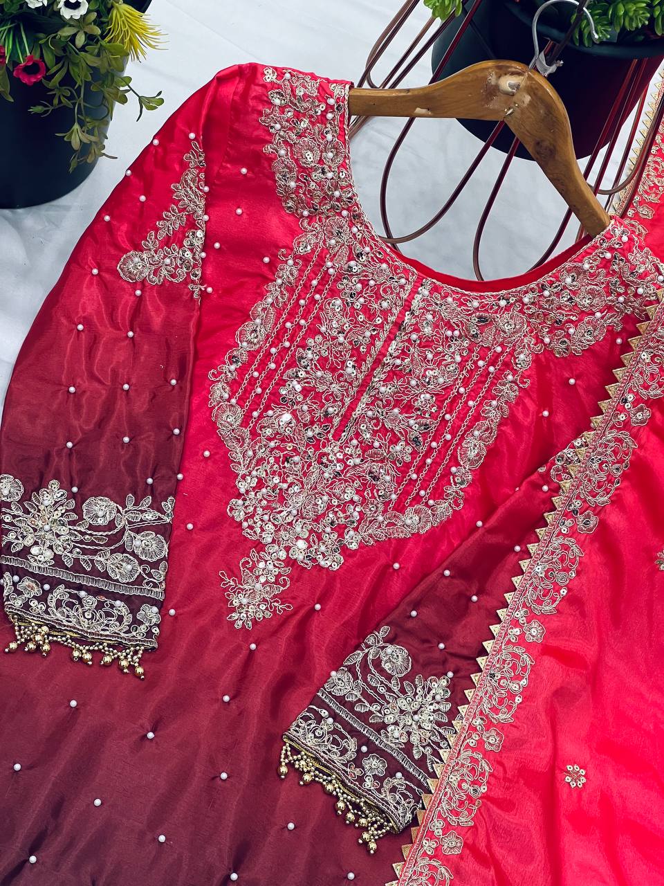 Wedding Wear Red And Wine Color Pure Chinon Silk With Heavy Embroidery Coding Dori Sequence Work Palazzo Sharara Suit