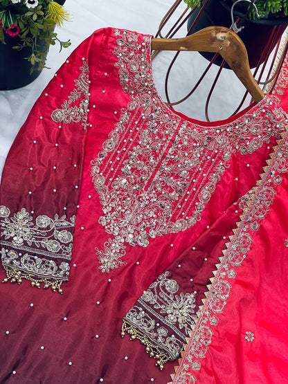 Wedding Wear Red And Wine Color Pure Chinon Silk With Heavy Embroidery Coding Dori Sequence Work Palazzo Sharara Suit