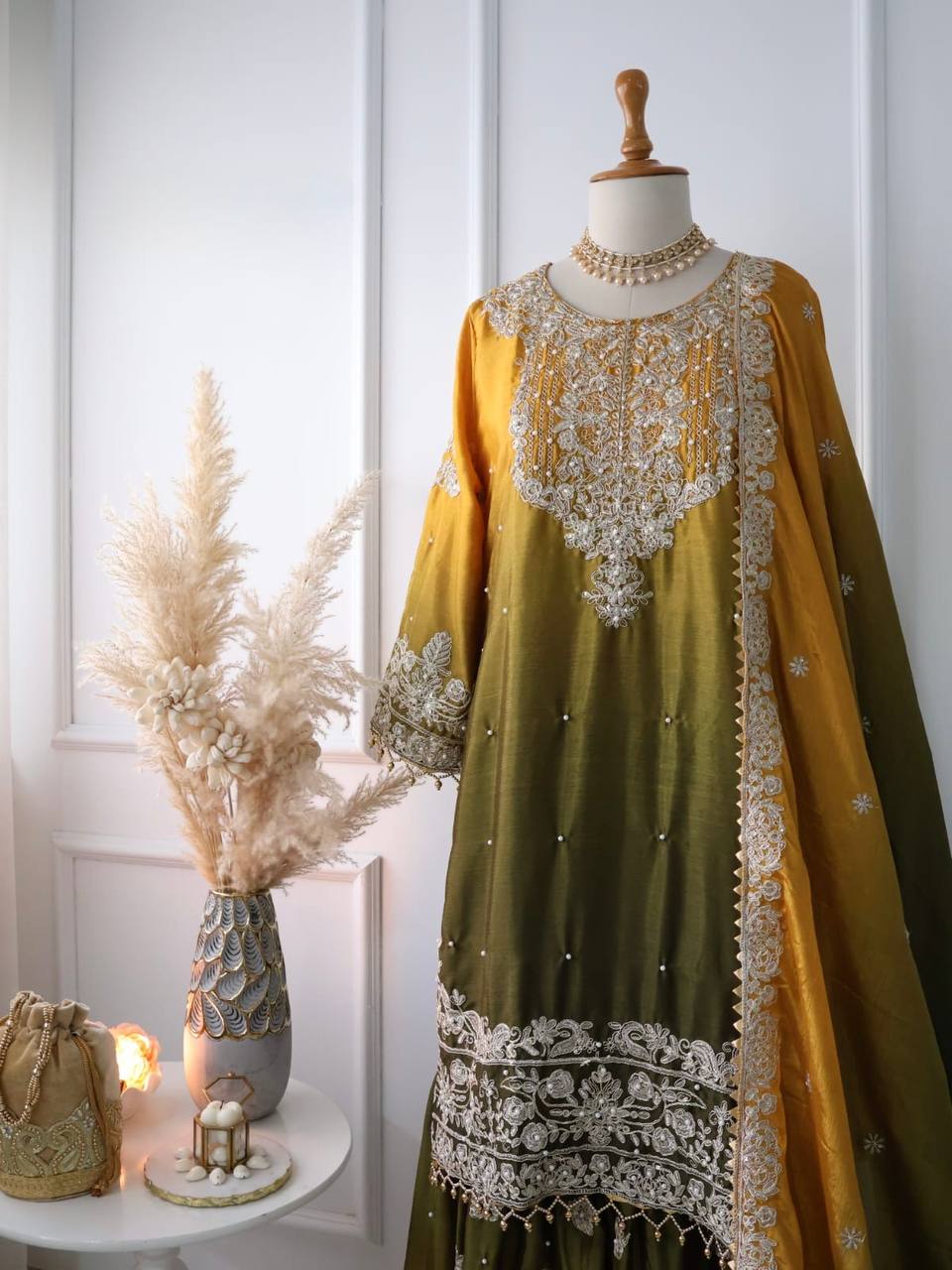 Wedding Wear Yellow And Green Color Pure Chinon Silk With Heavy Embroidery Coding Dori Sequence Work Palazzo Sharara Suit