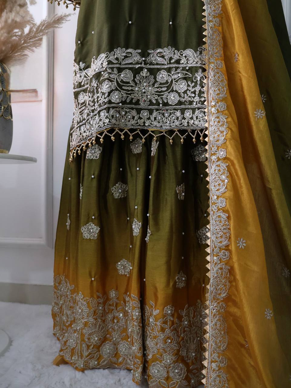 Wedding Wear Yellow And Green Color Pure Chinon Silk With Heavy Embroidery Coding Dori Sequence Work Palazzo Sharara Suit