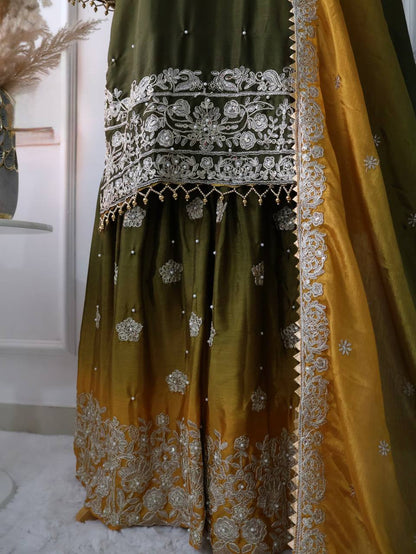 Wedding Wear Yellow And Green Color Pure Chinon Silk With Heavy Embroidery Coding Dori Sequence Work Palazzo Sharara Suit