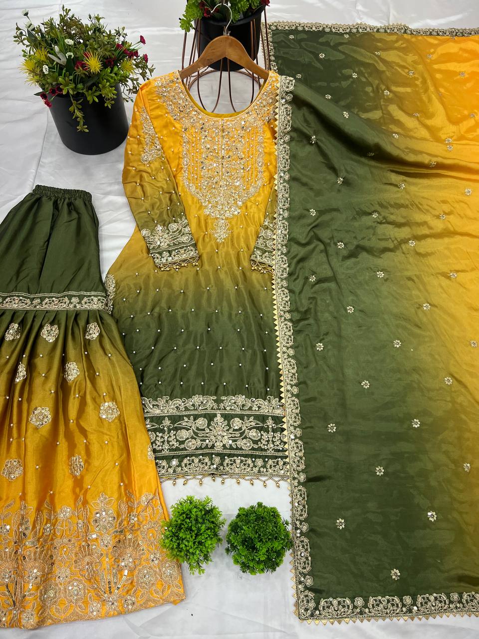 Wedding Wear Yellow And Green Color Pure Chinon Silk With Heavy Embroidery Coding Dori Sequence Work Palazzo Sharara Suit