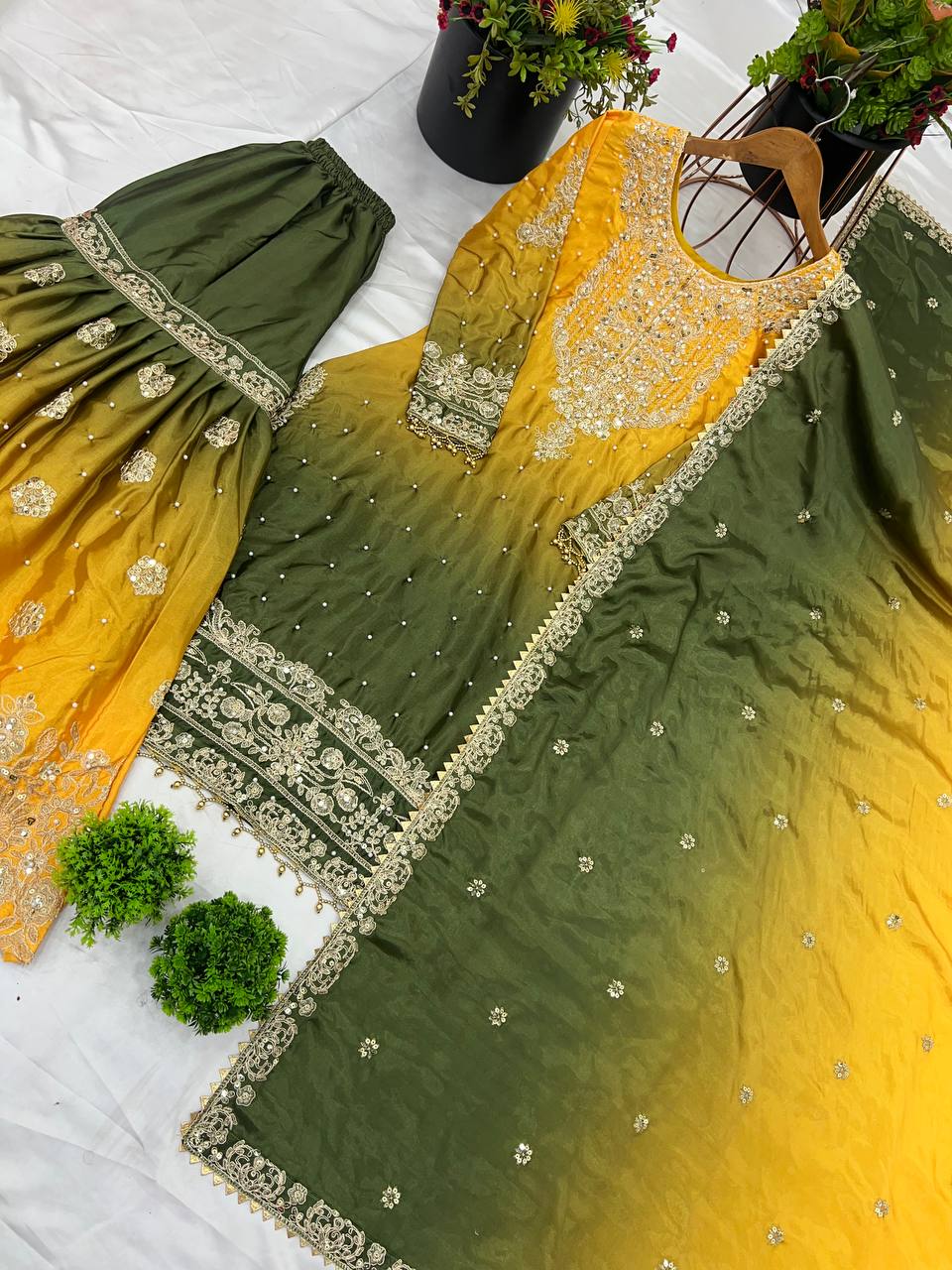 Wedding Wear Yellow And Green Color Pure Chinon Silk With Heavy Embroidery Coding Dori Sequence Work Palazzo Sharara Suit