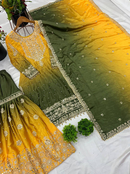 Wedding Wear Yellow And Green Color Pure Chinon Silk With Heavy Embroidery Coding Dori Sequence Work Palazzo Sharara Suit