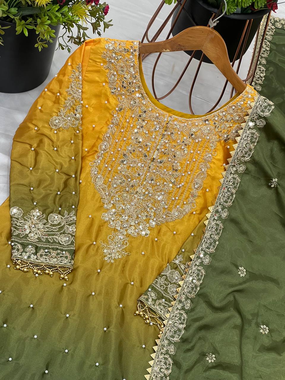 Wedding Wear Yellow And Green Color Pure Chinon Silk With Heavy Embroidery Coding Dori Sequence Work Palazzo Sharara Suit