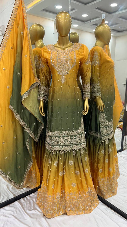 Wedding Wear Yellow And Green Color Pure Chinon Silk With Heavy Embroidery Coding Dori Sequence Work Palazzo Sharara Suit