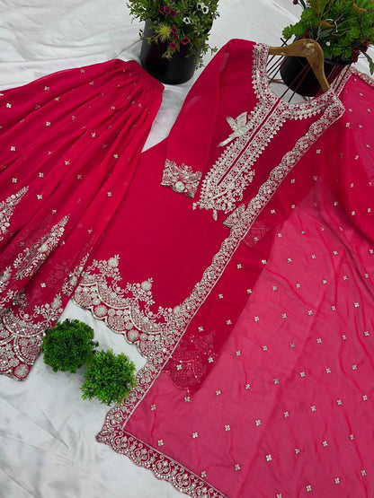 Innovative Pink Color Pure Heavy Faux Georgette With Embroidery And 5mm Sequence Work Sharara Palazzo Suit