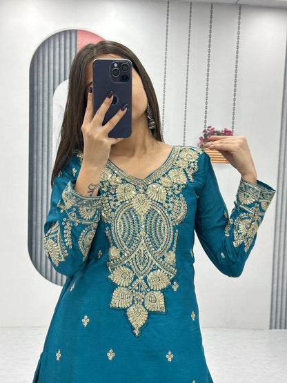 Party Wear Teal Color Chinon Heavy Embroidery Thread And Sequence WorkPalazzo Suit