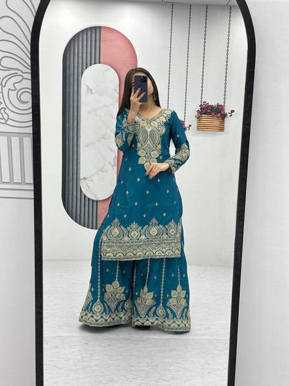Party Wear Teal Color Chinon Heavy Embroidery Thread And Sequence WorkPalazzo Suit