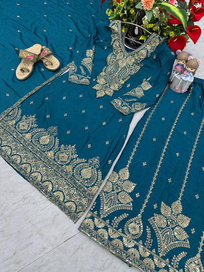Party Wear Teal Color Chinon Heavy Embroidery Thread And Sequence WorkPalazzo Suit