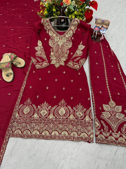 Party Wear Maroon Color Chinon Heavy Embroidery Thread And Sequence WorkPalazzo Suit