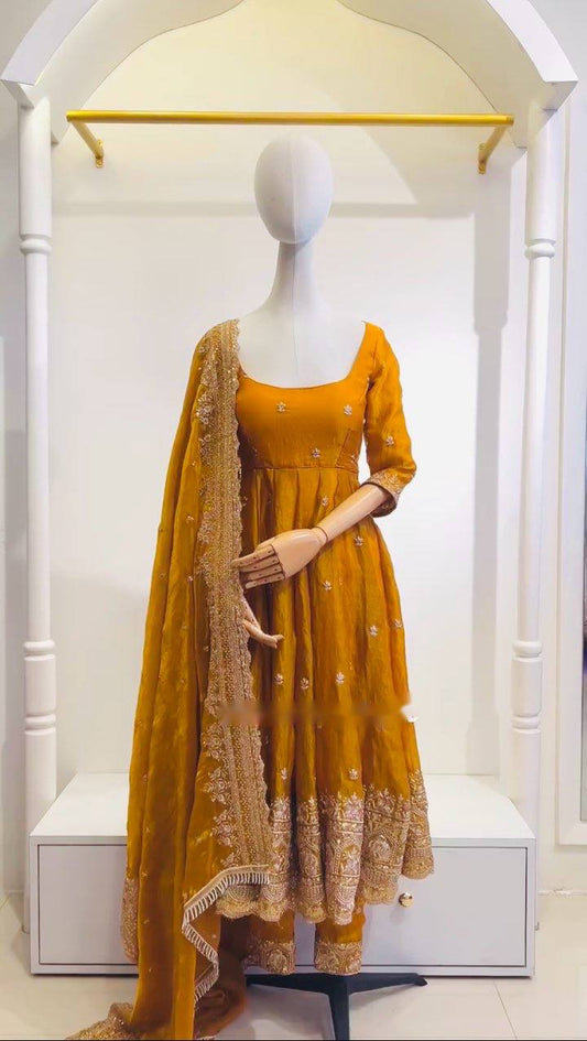 Elegant Haldi Wear Yellow Color Pure Zimmy Cho Silk With Heavy Embroidery Sequence Work Anarkali Suit
