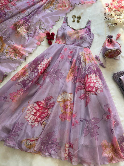 Lavender Organza Floral Printed Festive Wear Anarkali Suit Set