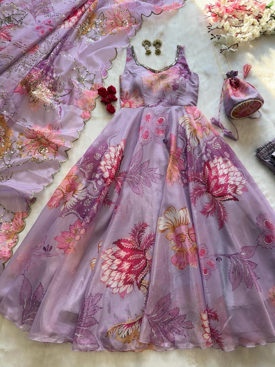 Lavender Organza Floral Printed Festive Wear Anarkali Suit Set