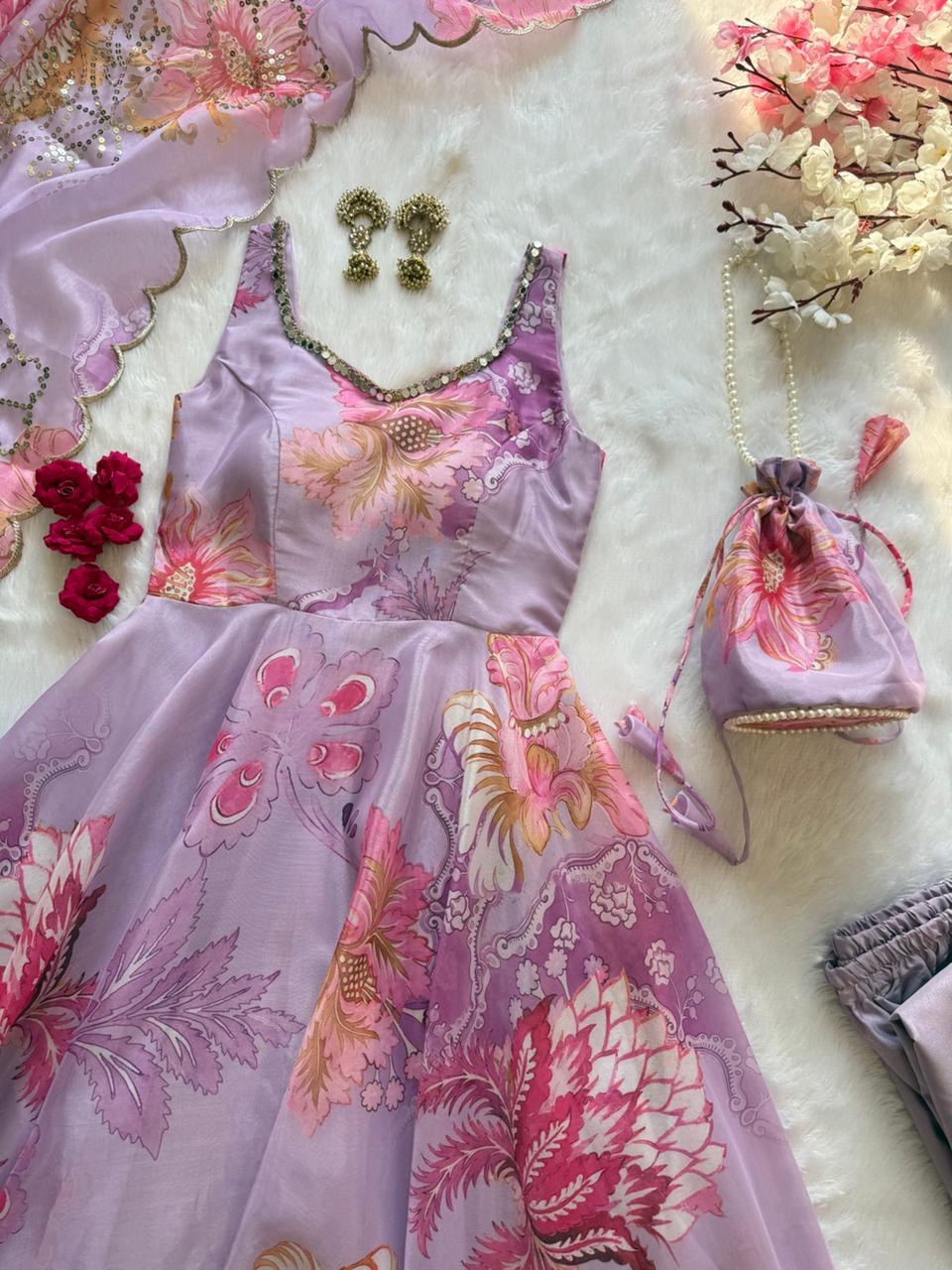 Lavender Organza Floral Printed Festive Wear Anarkali Suit Set