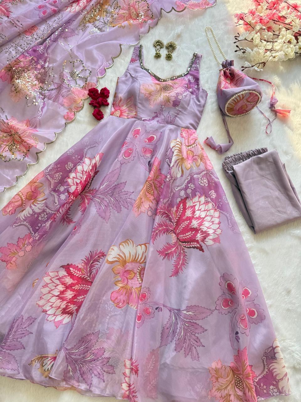 Lavender Organza Floral Printed Festive Wear Anarkali Suit Set
