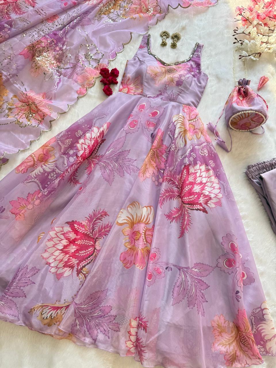 Lavender Organza Floral Printed Festive Wear Anarkali Suit Set