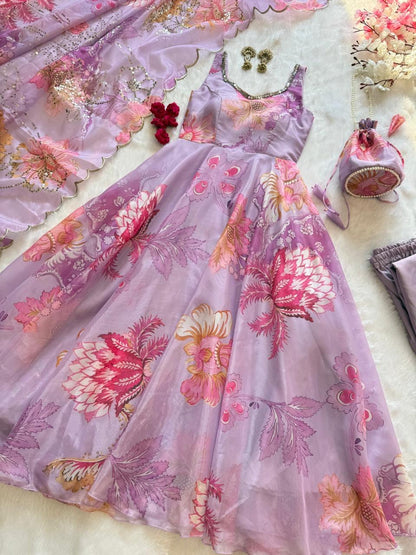 Lavender Organza Floral Printed Festive Wear Anarkali Suit Set