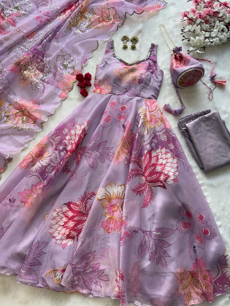 Lavender Organza Floral Printed Festive Wear Anarkali Suit Set