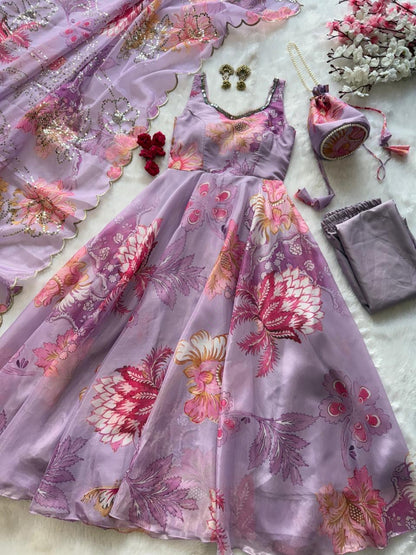 Lavender Organza Floral Printed Festive Wear Anarkali Suit Set