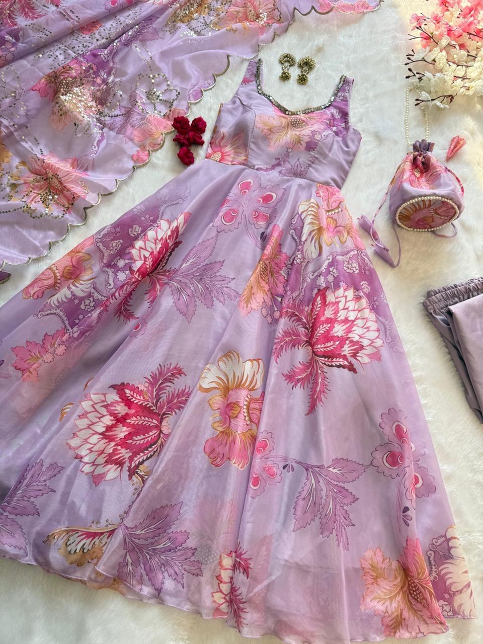 Lavender Organza Floral Printed Festive Wear Anarkali Suit Set