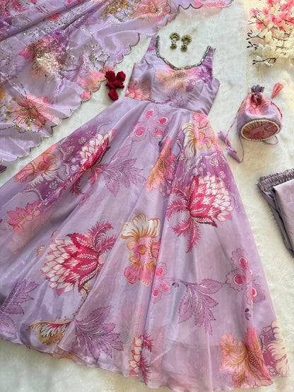 Lavender Organza Floral Printed Festive Wear Anarkali Suit Set