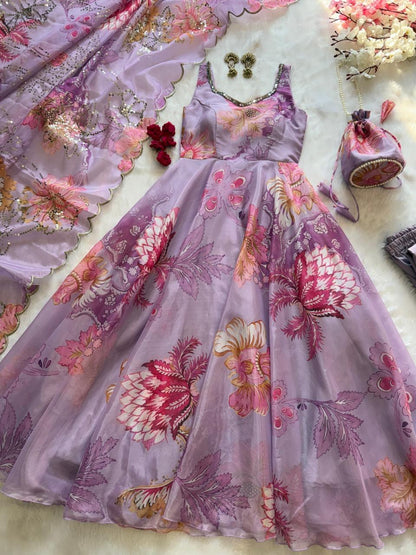 Lavender Organza Floral Printed Festive Wear Anarkali Suit Set