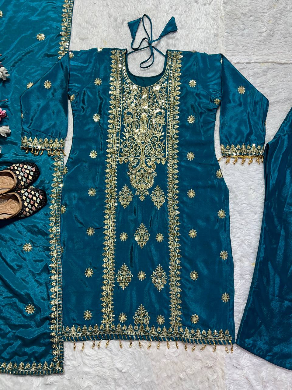 Eyes Catching Teal Color Pure Chinon Silk With Embroidery Sequence Work Salwar Suit