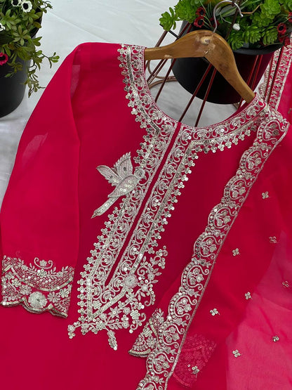 Innovative Pink Color Pure Heavy Faux Georgette With Embroidery And 5mm Sequence Work Sharara Palazzo Suit