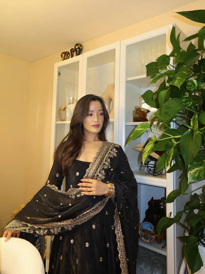 Designer Black Color Georgette Fully Flared Ready to Wear Gown
