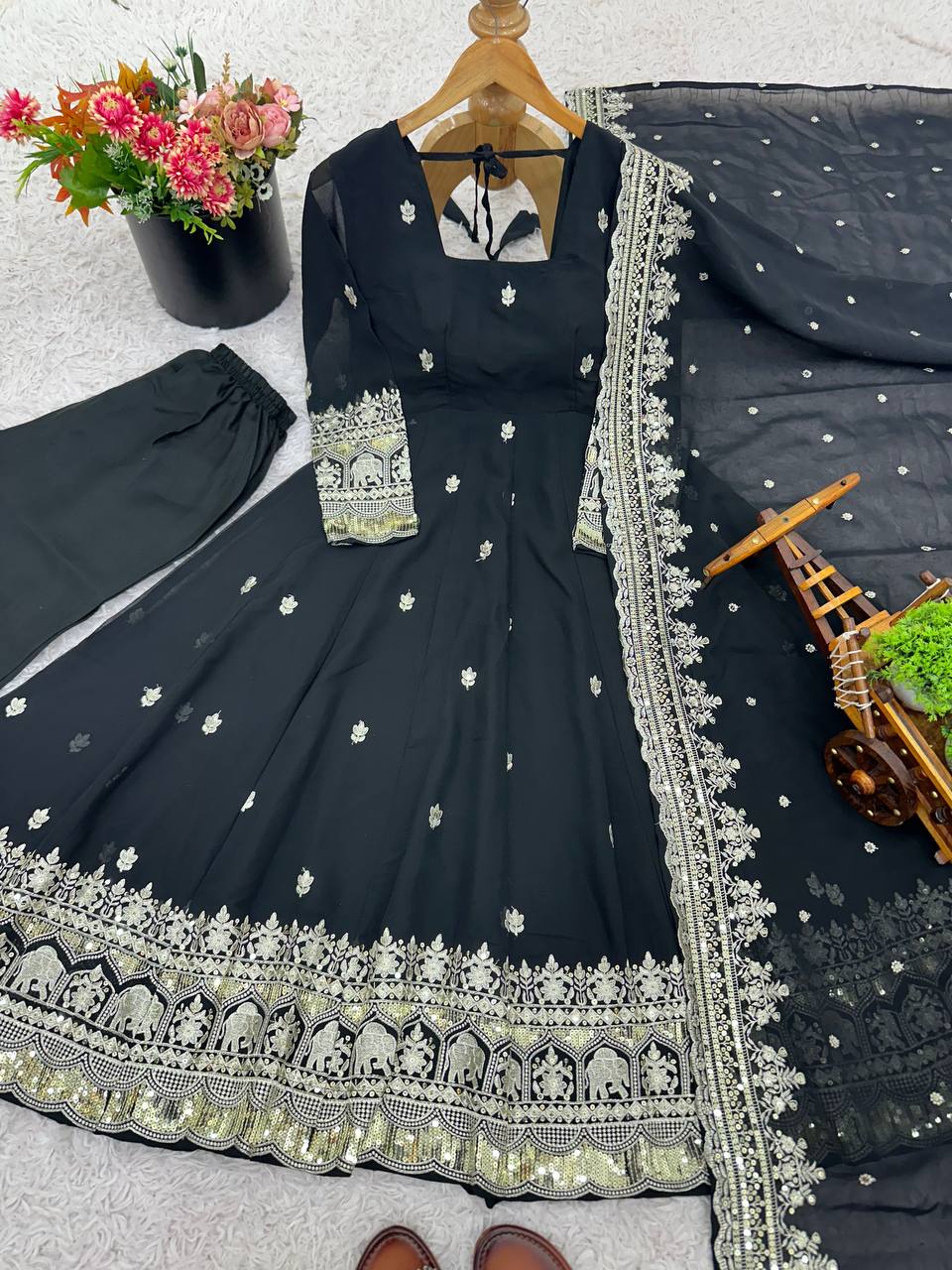 Designer Black Color Georgette Fully Flared Ready to Wear Gown