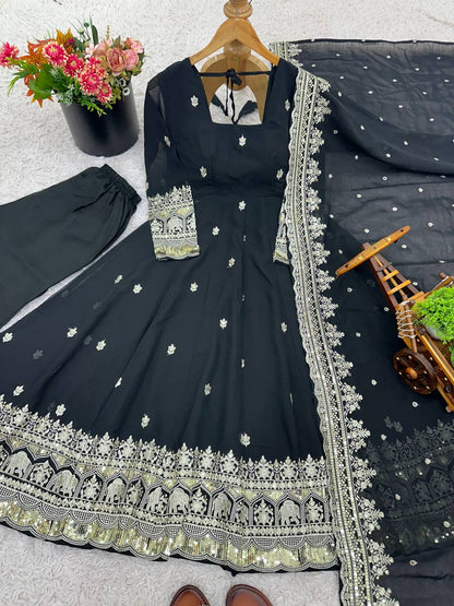 Designer Black Color Georgette Fully Flared Ready to Wear Gown