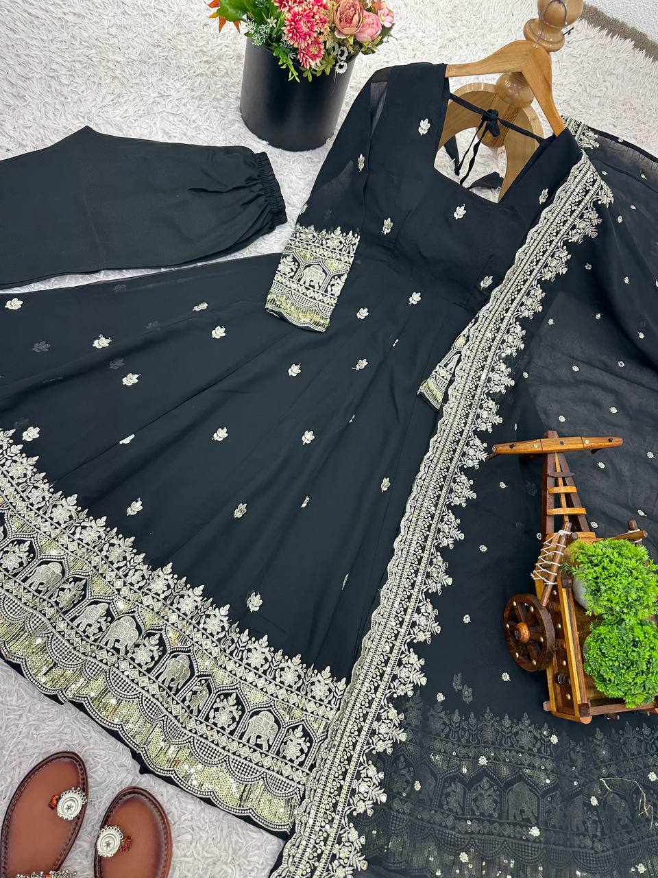 Designer Black Color Georgette Fully Flared Ready to Wear Gown