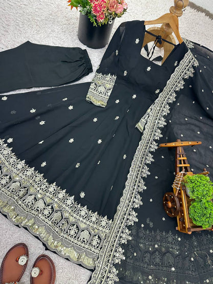Designer Black Color Georgette Fully Flared Ready to Wear Gown
