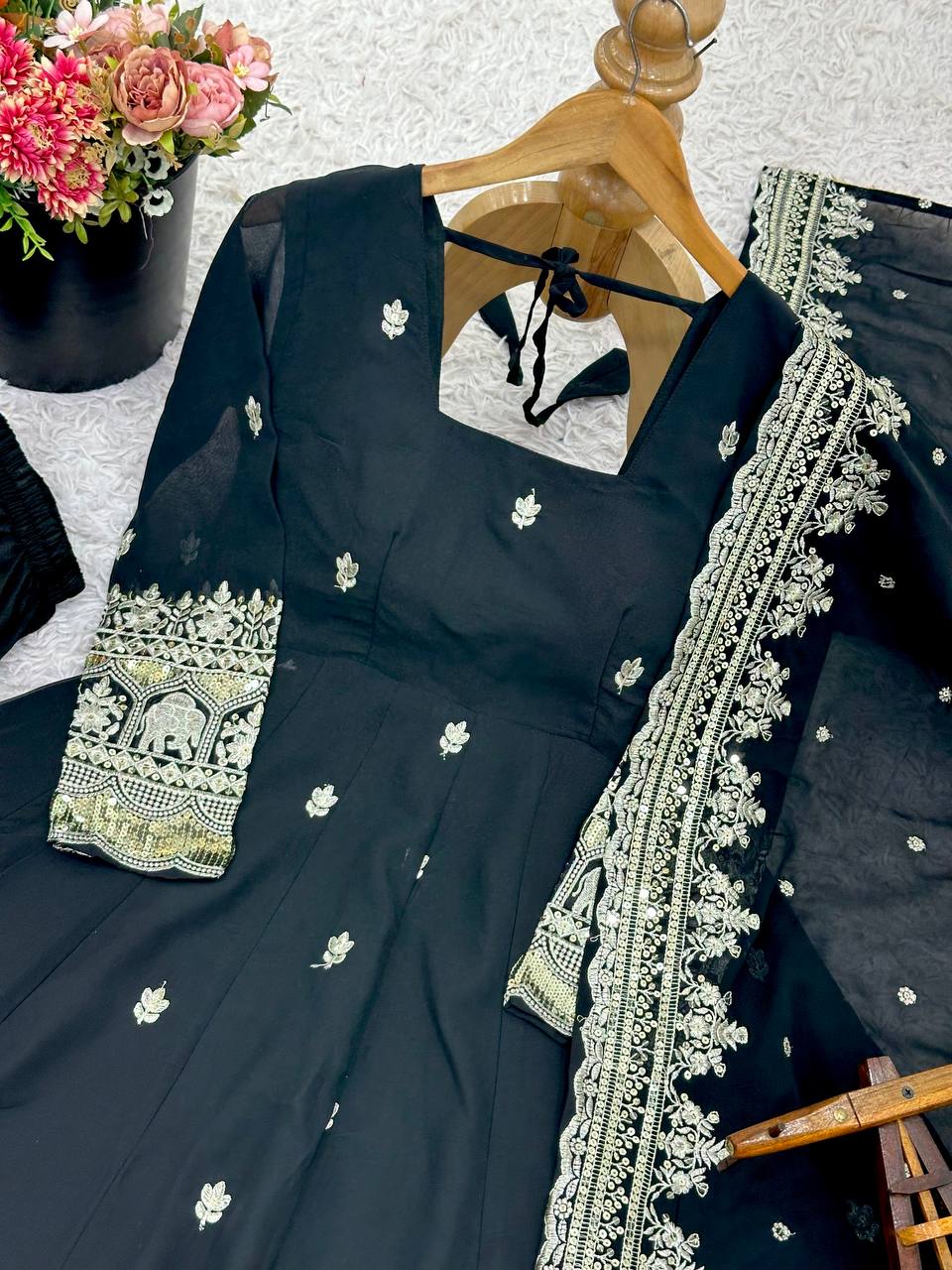 Designer Black Color Georgette Fully Flared Ready to Wear Gown